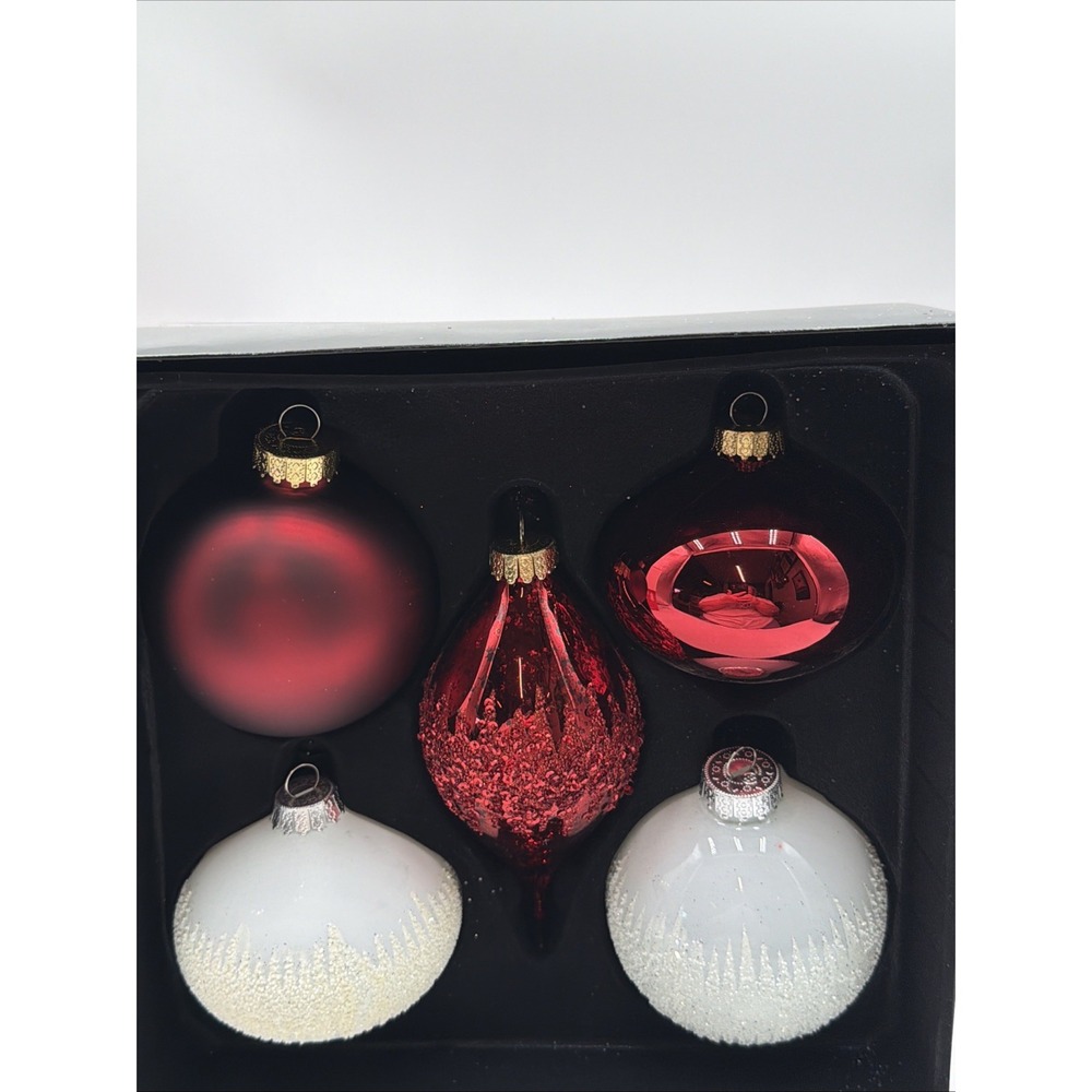 Robert Stanley White Glass Christmas Ornaments Glitter Embellished Boxed Set 5